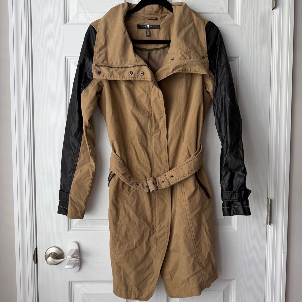 7 For All Mankind Women's Tan & Black Belted Trench Coat Size Medium